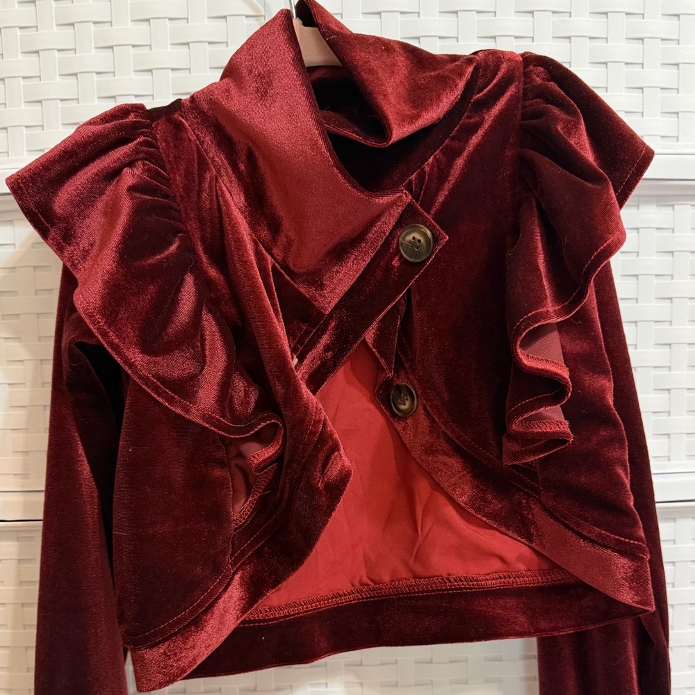 Joyfolie Burgundy Velvet Ruffle Jacket - Picture 2 of 8